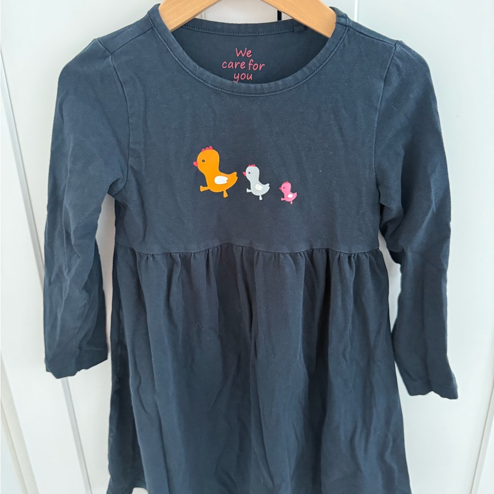 Navy Long-Sleeve Kids Dress with Duck Motif